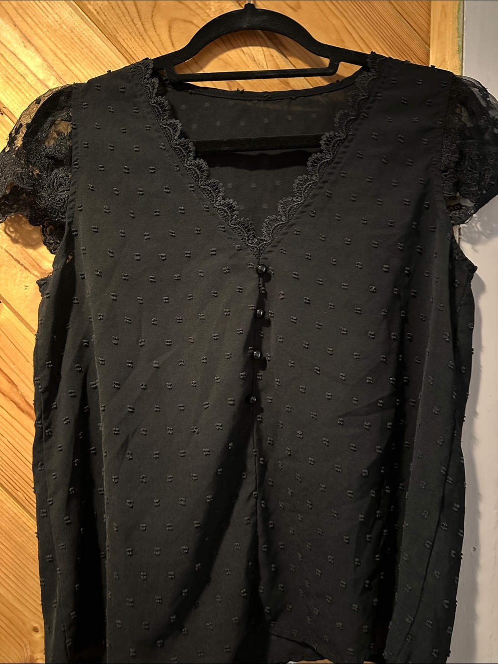 SHEIN Black Lace-Trim Button Front Chemise Top